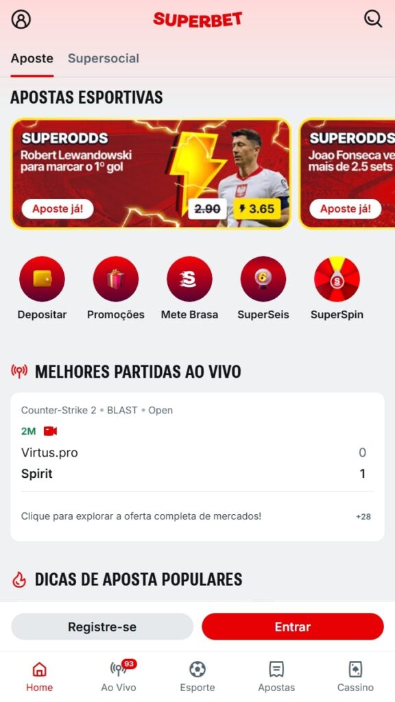 Página inicial do site da casa de apostas Superbet