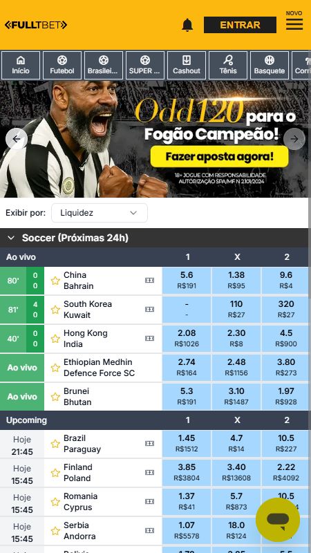 Seção de apostas esportivas online na FullTBet